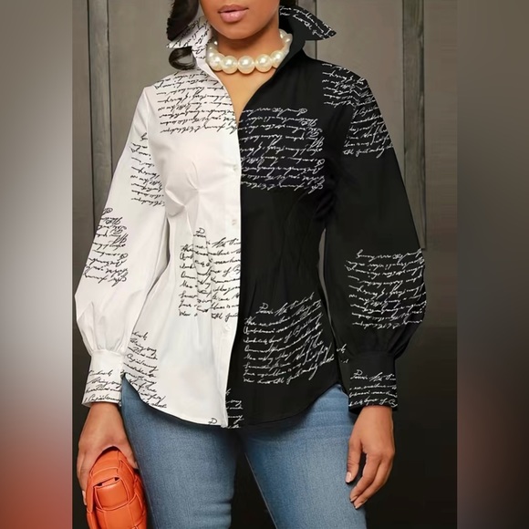 Black & White Script Print Button-Down Blouse – 2XL Street Style Top - Picture 1 of 5